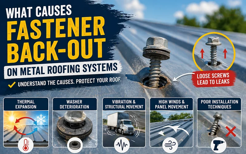 Metal roofing fastener back-out issue with loose screws, damaged washers, and panel gaps causing potential roof leaks and maintenance concerns