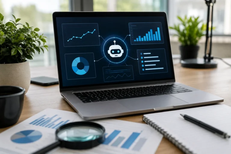 Modern office workspace with tech dashboard