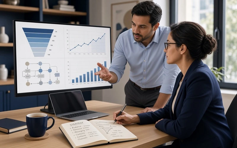 Growth marketing agency process showing strategy, content, and conversion focus